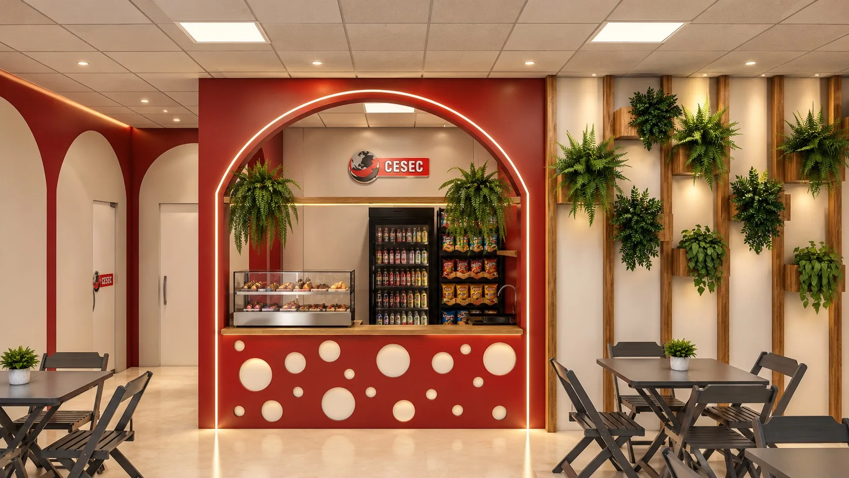 Projeto de cantina com balcão vermelho e jardim vertical